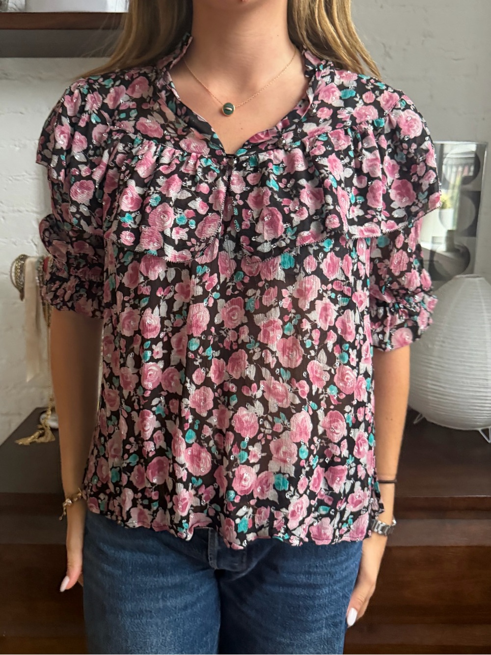 Floral Ruffle Short-Sleeve Silk Blouse